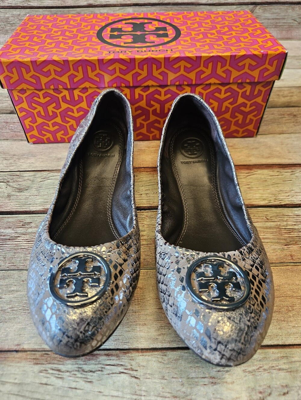 Tory Burch Heidi Metallic Snake-Embossed Leather Ballet Flats